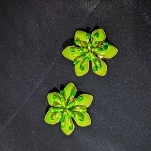 Neon Green Flower Clip-On Earrings - Bright Floral Statement